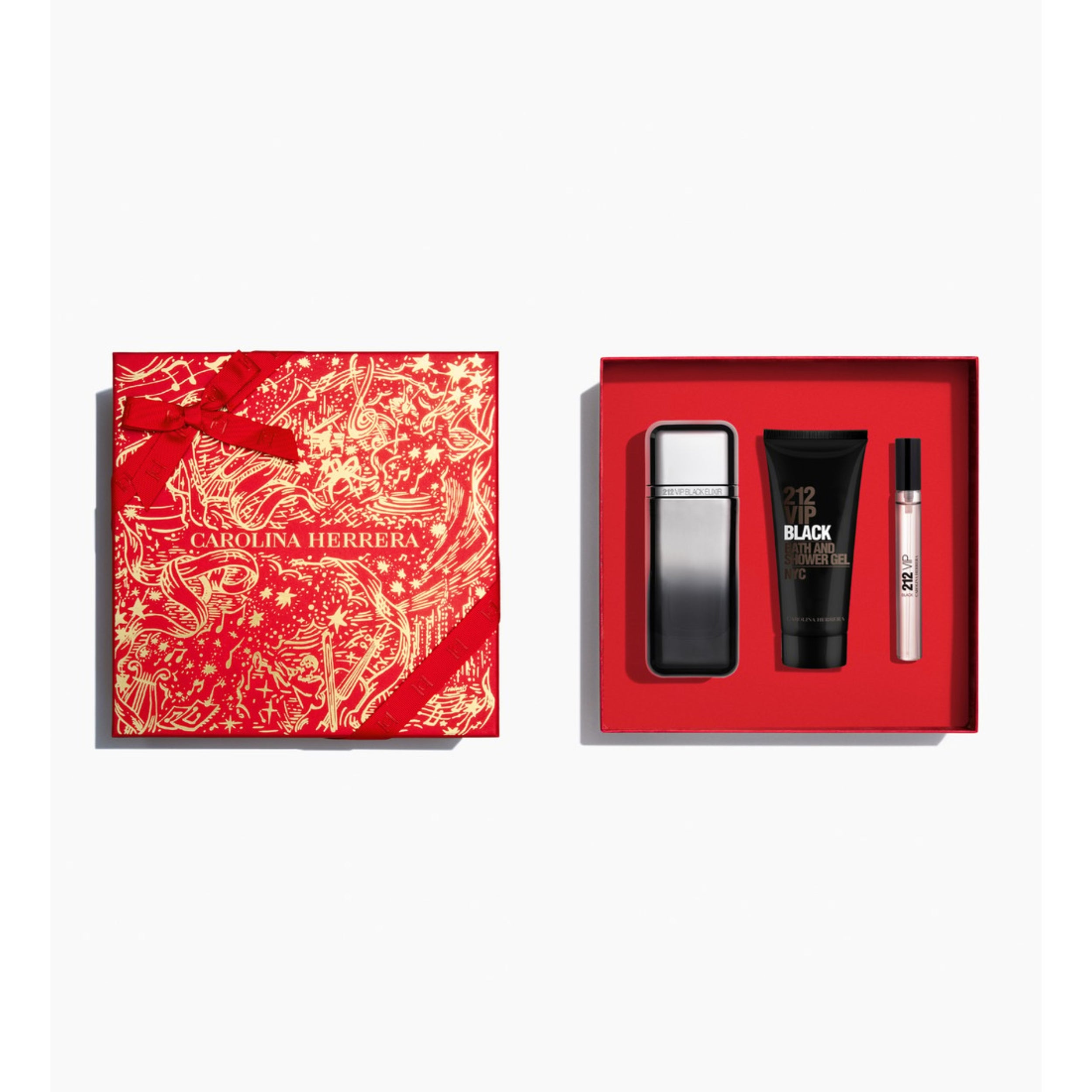 Kit Coffret Carolina Herrera 212 VIP Black Elixir 100ml Eau de Parfum, 100ml Gel de Banho e Megaspritzer de 10ml