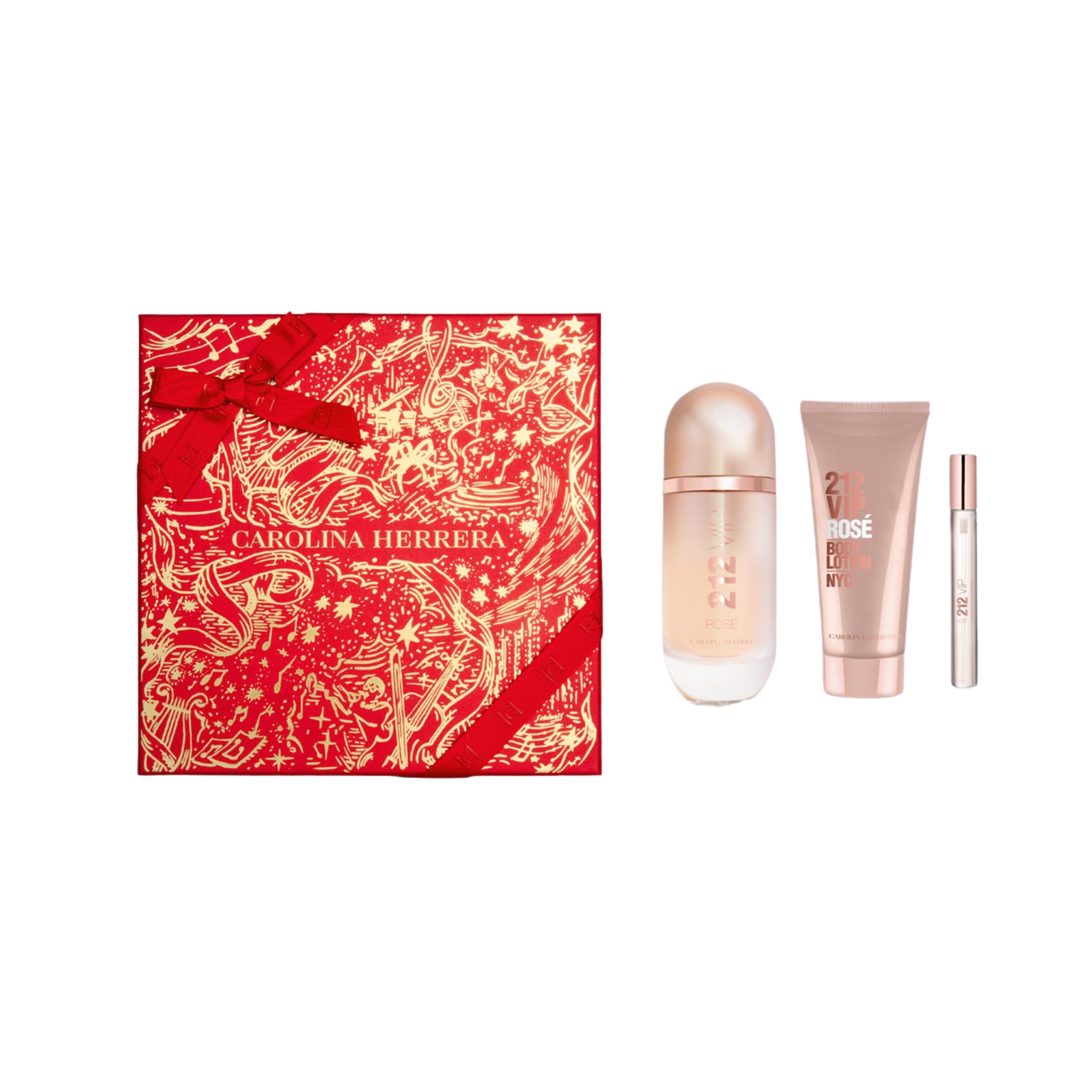 Kit Coffret Carolina Herrera 212 VIP Rosé 80ml Eau de Parfum + Loção Corporal de 100ml + Megaspritzer de 10ml